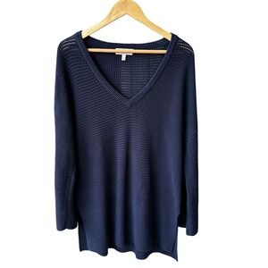 Michael Stars Sweater Tunic Navy Blue Waffle Knit V-Neck Wide Sleeve Size Medium